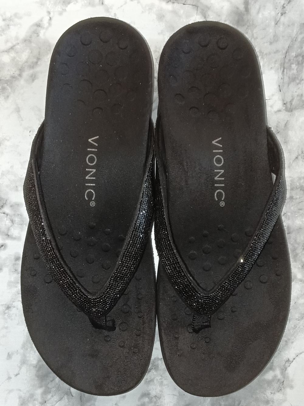 Vionic Dillon Shine Black Beaded Rhinestone Thong Sandals 10 Comfort Support